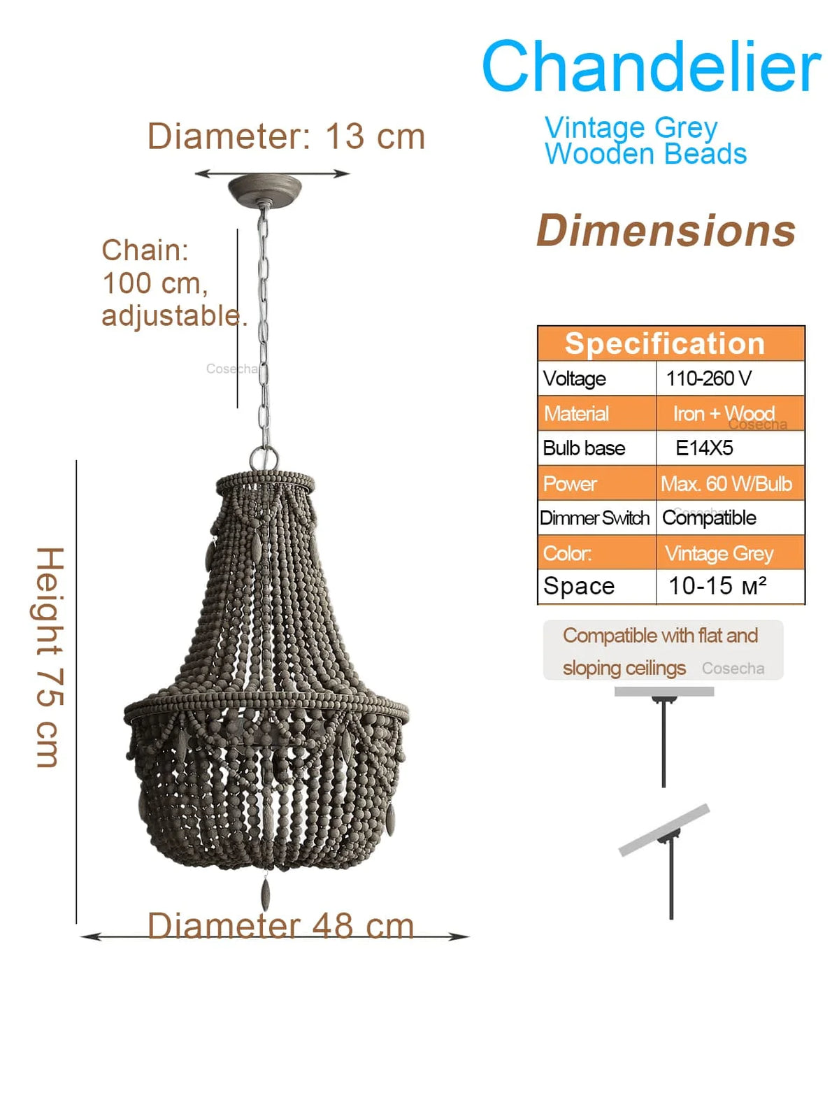 lampe suspendue bois blanc noire chaîne dorée classique vintage chambre cuisine salle manger
