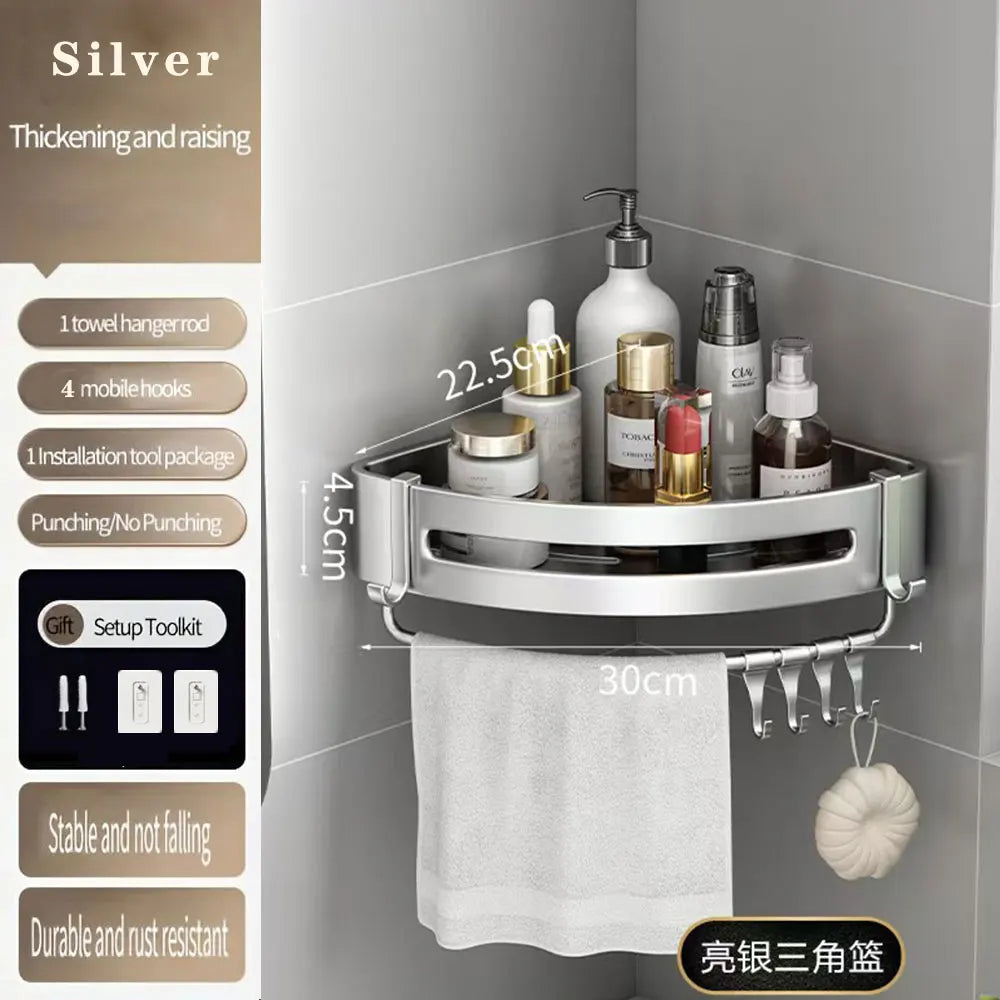 étagère murale triangulaire salle bain gris métal crochets rangement douche moderne autocollante