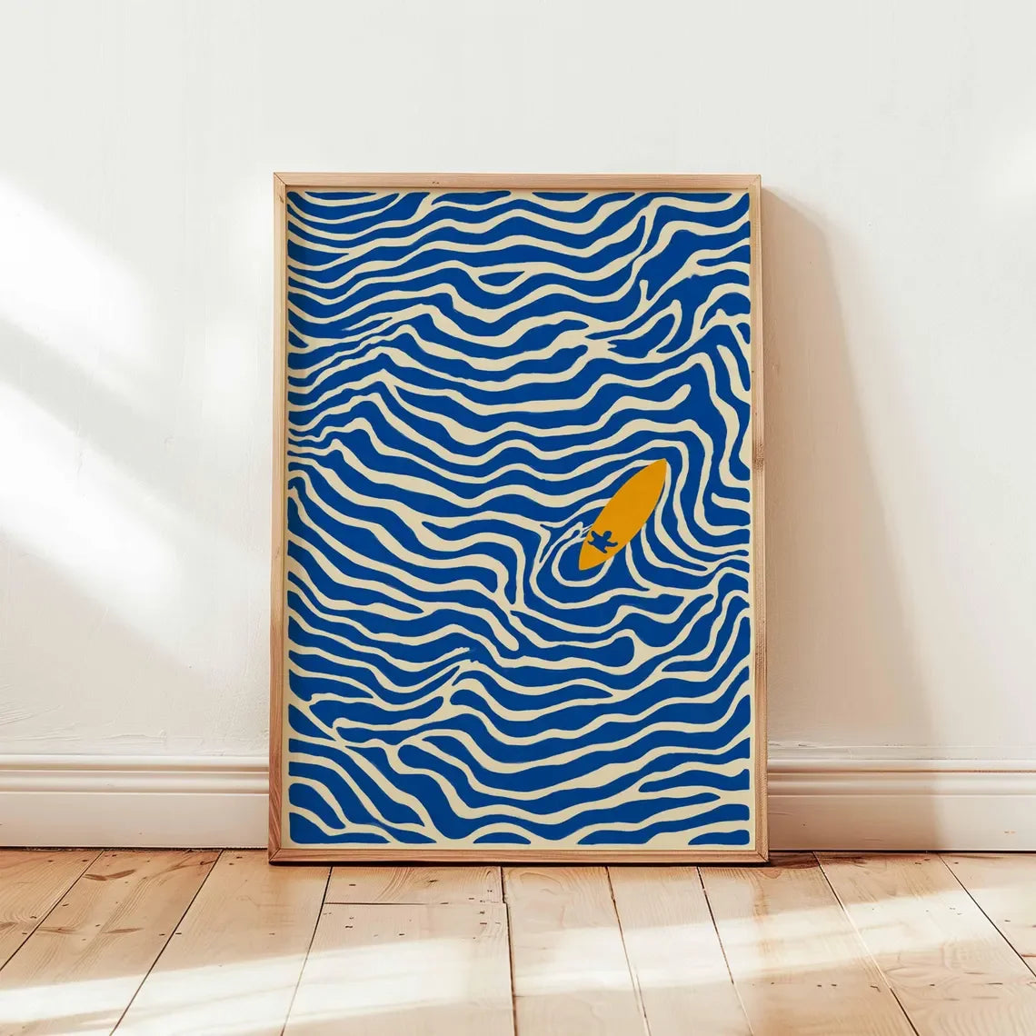 affiche moderne surfeur bleu blanc jaune vague ondulée rectangle vertical sans cadre