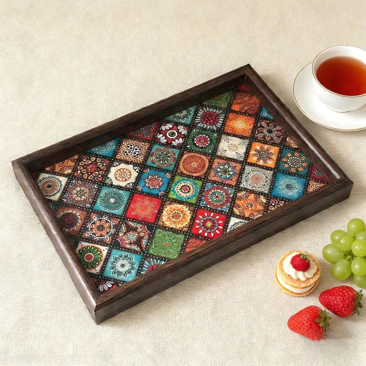 plateau bois patchwork floral marron foncé traditionnel sans fixation salon chambre
