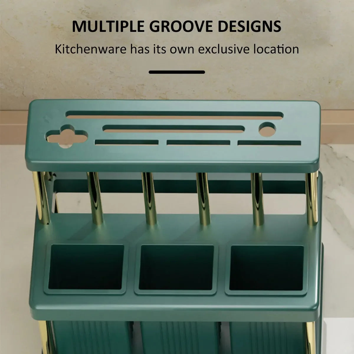 support cuisine moderne vert rayures couteaux fourchettes cuillères scies baguettes organiser gain place