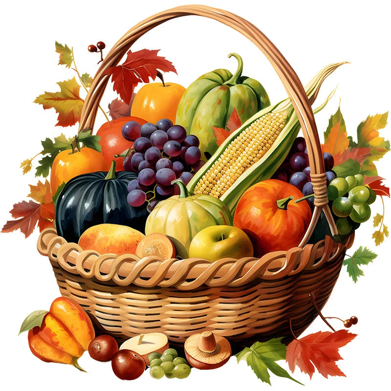 panier tressé marron clair autocollants fruits pommes raisins citrouilles maïs feuilles automne classique maison