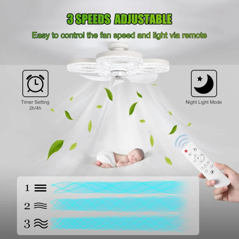 ventilateur lampe led blanc texture diamants moderne télécommande vitesse progressive certifications vde ul rohs