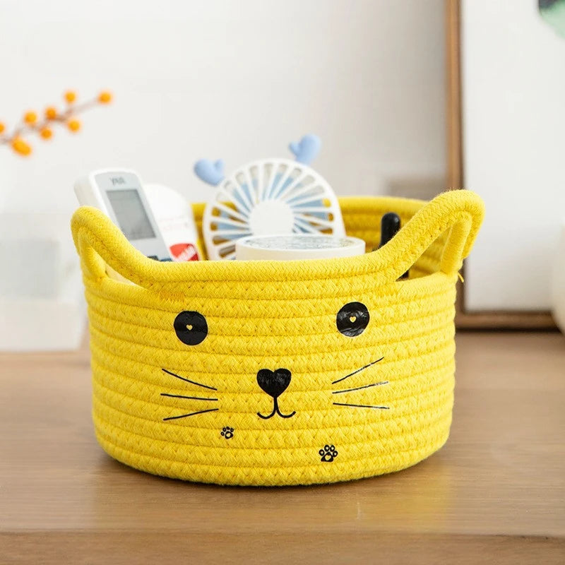 panier rangement créatif réutilisable blanc rose jaune vert bleu visage chat brodé enfantin respectueux