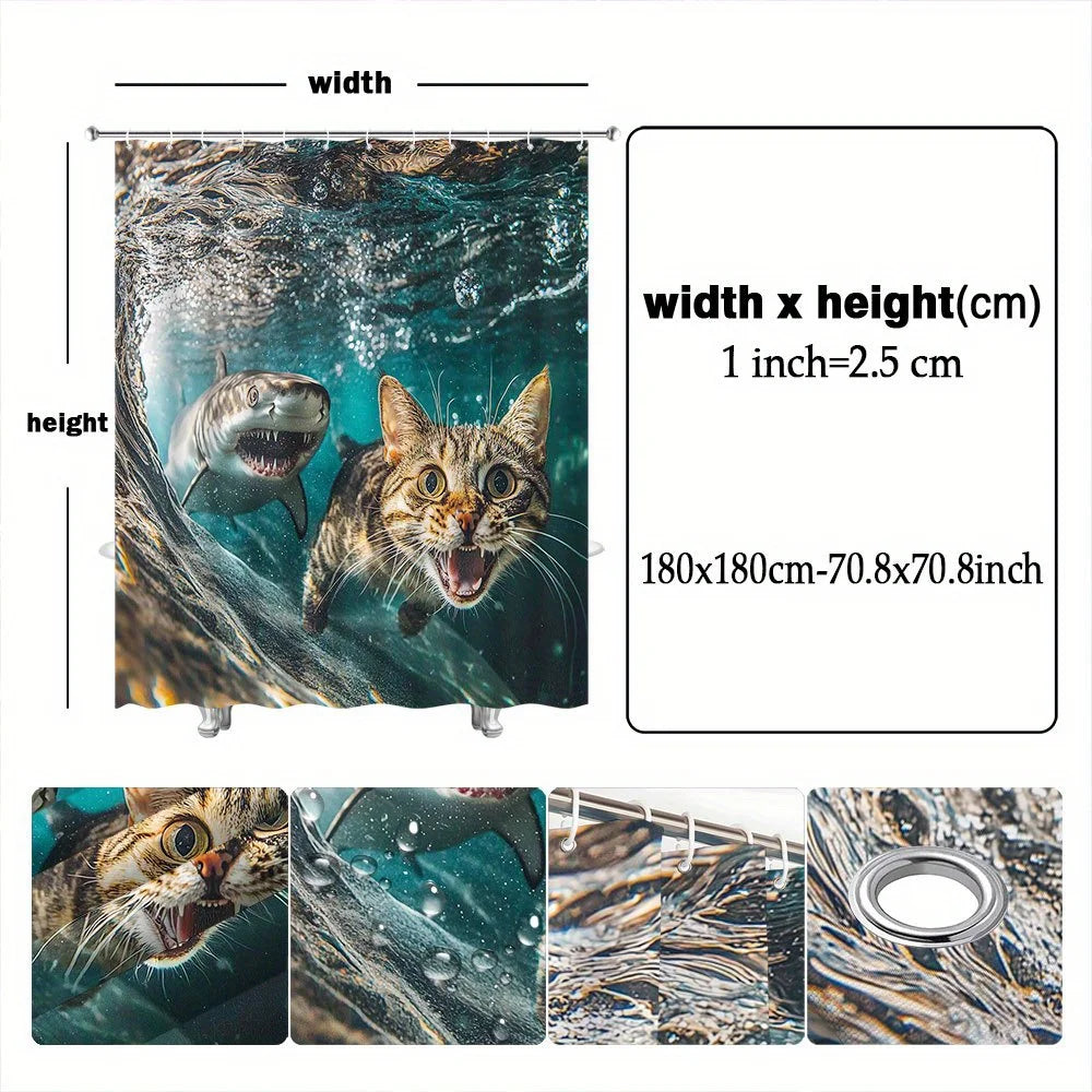 rideau douche moderne humoristique motif requin chat vague polyester opaque ensembles tailles variées