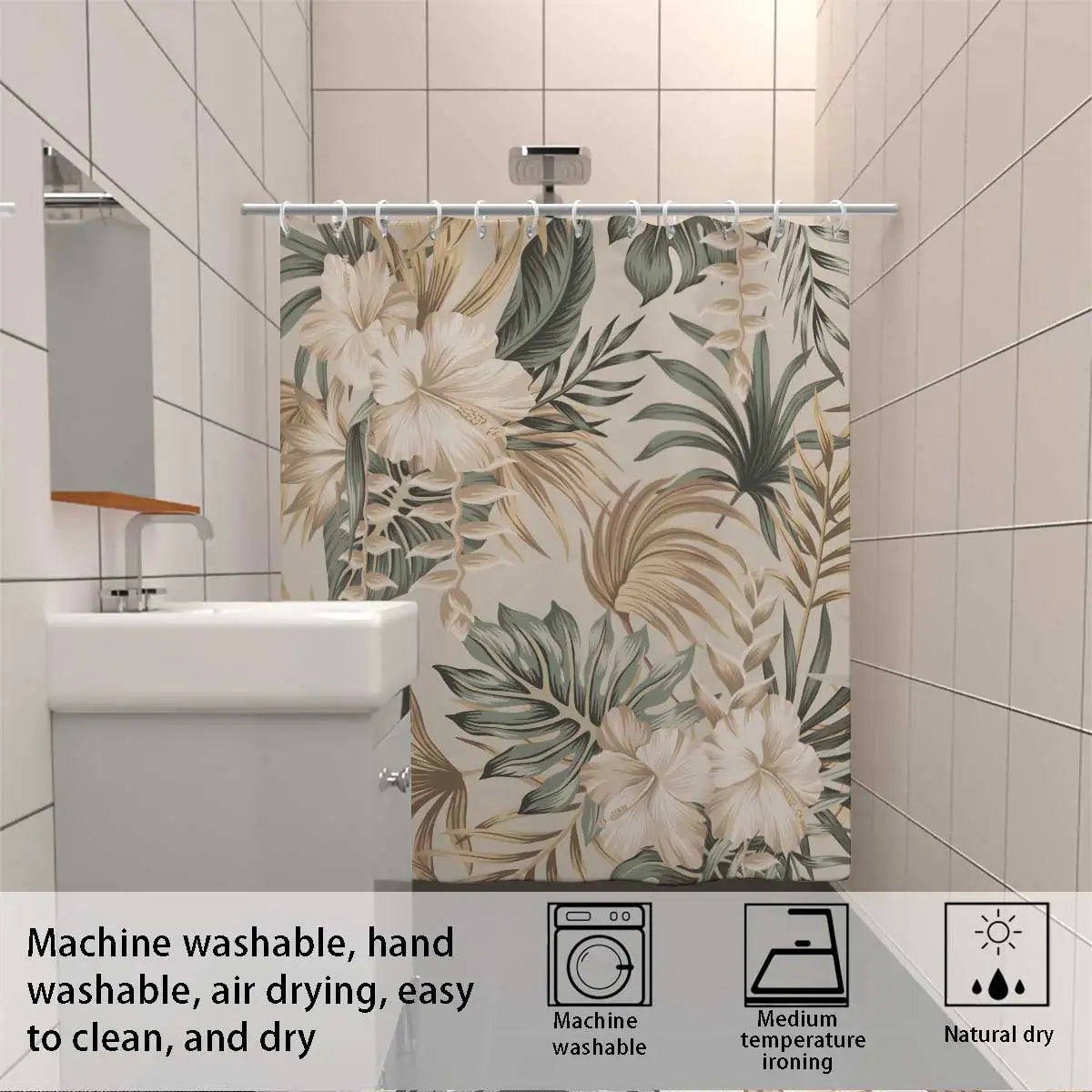 rideau douche tropical feuilles vertes fleurs blanches opacité moderne 12 anneaux métalliques polyester dimension