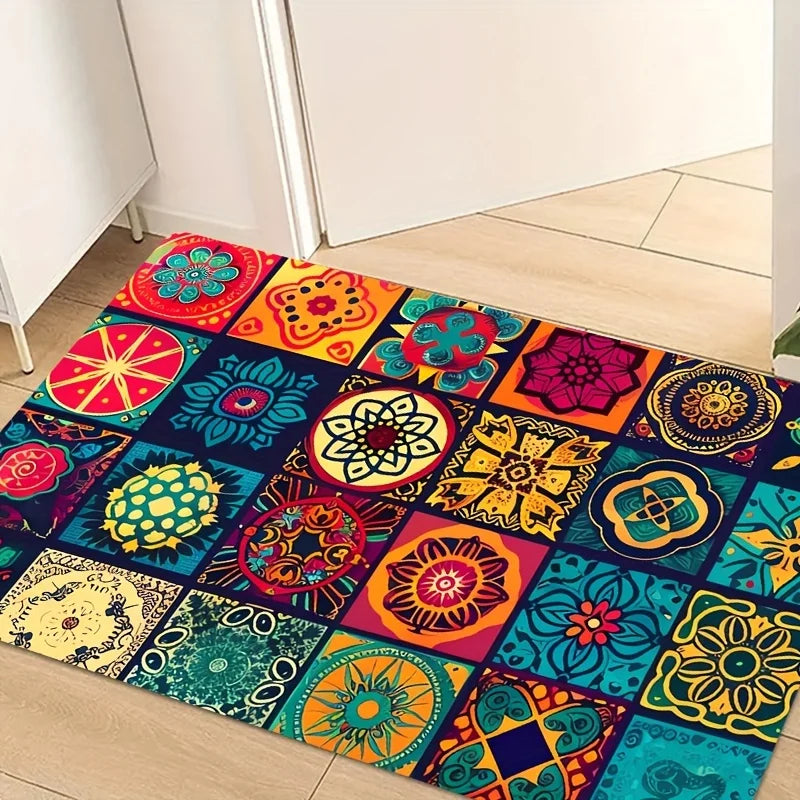tapis boho chic multicolore motifs floraux géométriques variés salle bain