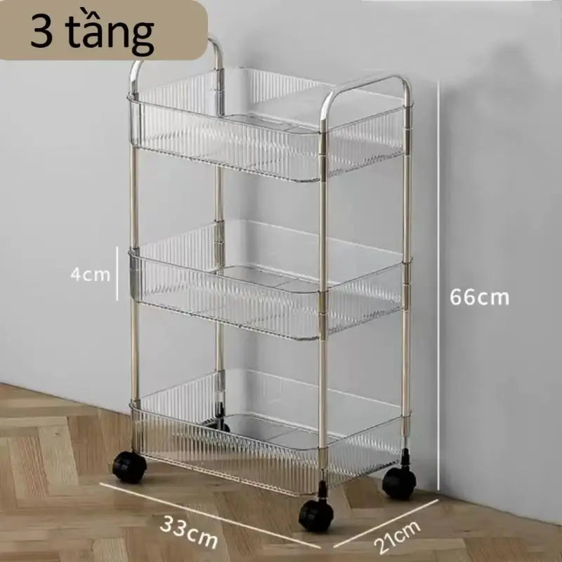chariot roulettes transparent moderne compartiments striés rangement cosmétiques objets divers