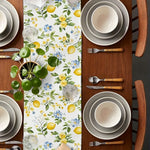 chinois table lin motif floral citrons fleurs feuilles blanc jaune vert bleu decorative rustic