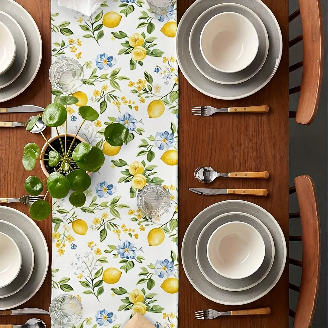 chinois table lin motif floral citrons fleurs feuilles blanc jaune vert bleu decorative rustic