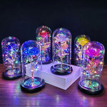 veilleuse led rose artificielle cloche verre éclairage couleur variée base noire