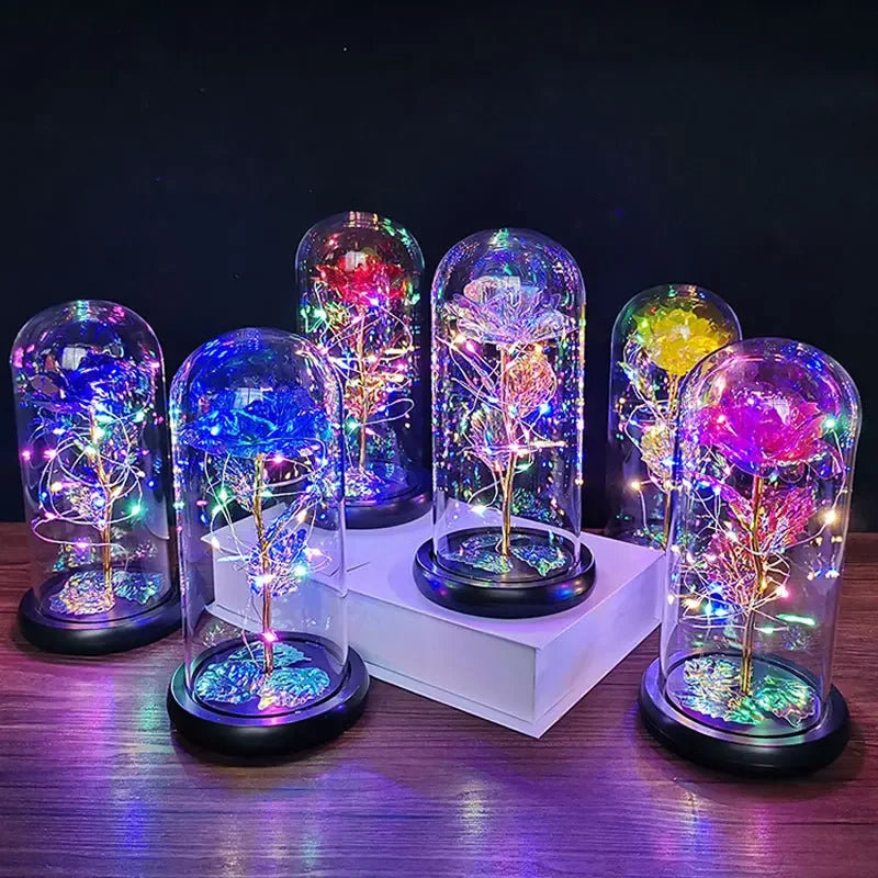 veilleuse led rose artificielle cloche verre éclairage couleur variée base noire