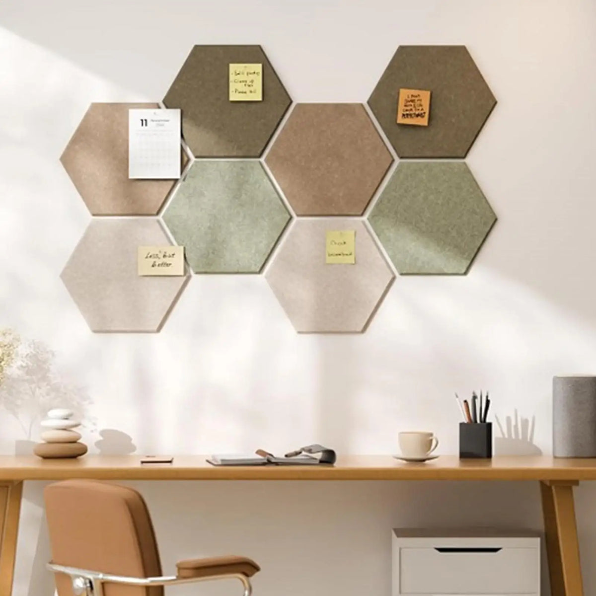 panneaux hexagonaux decoratifs mur modernes panneau acoustique beige marron gris minimaliste fixations adhésives elementos