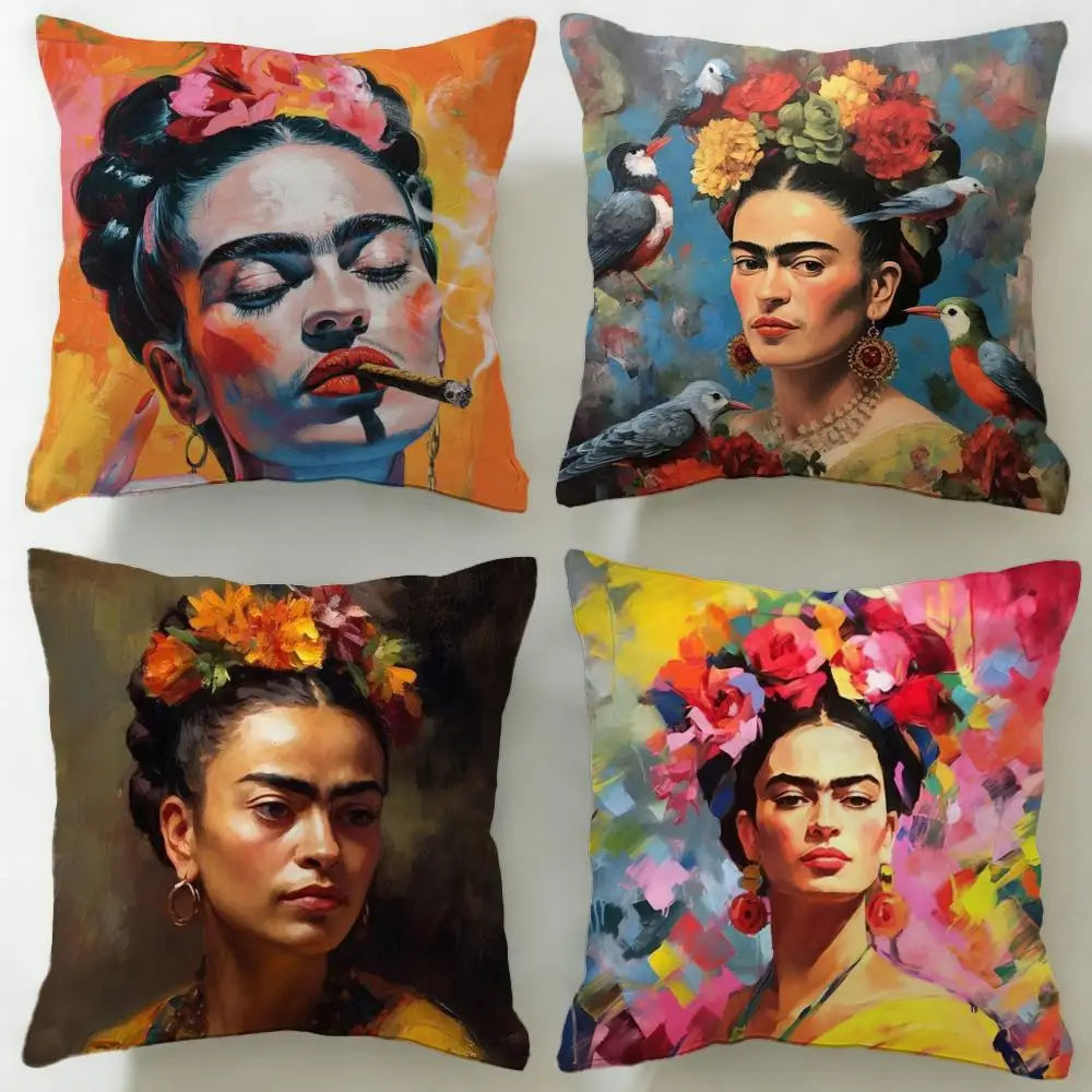 coussin contemporain zip invisible polyvalent orange bleu rouge peinture abstraite visage stylisé 45x45cm polyester