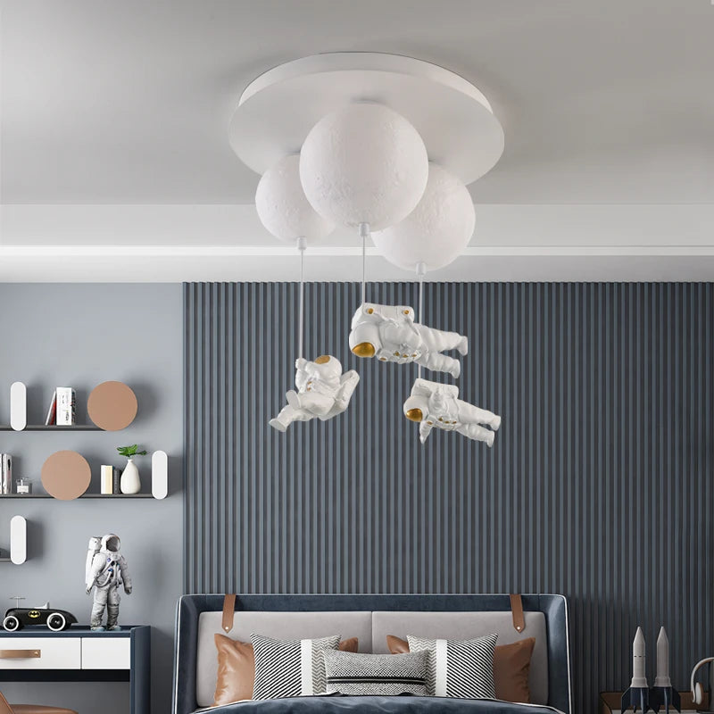 suspension lumineuse moderne astronautes lune blanc doré acrylique métal toucher interrupteur led 18cm 20cm