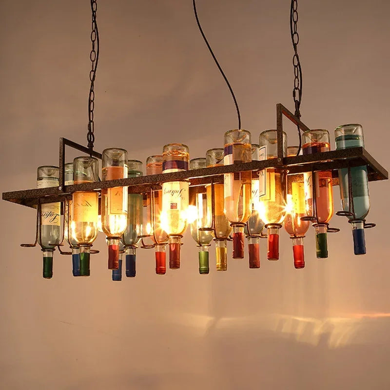 lampe suspendue industrielle bouteilles vin multicolore rouge vert bleu orange rustique