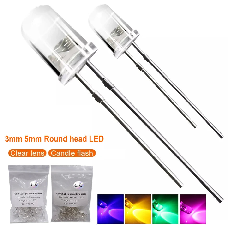 Diodes led 50pcs 3mm 5mm transparentes rouges jaunes clignotantes modernes