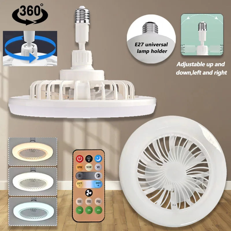 ventilateur lampe led moderne blanc grille lames fixations télécommande led e27 220v