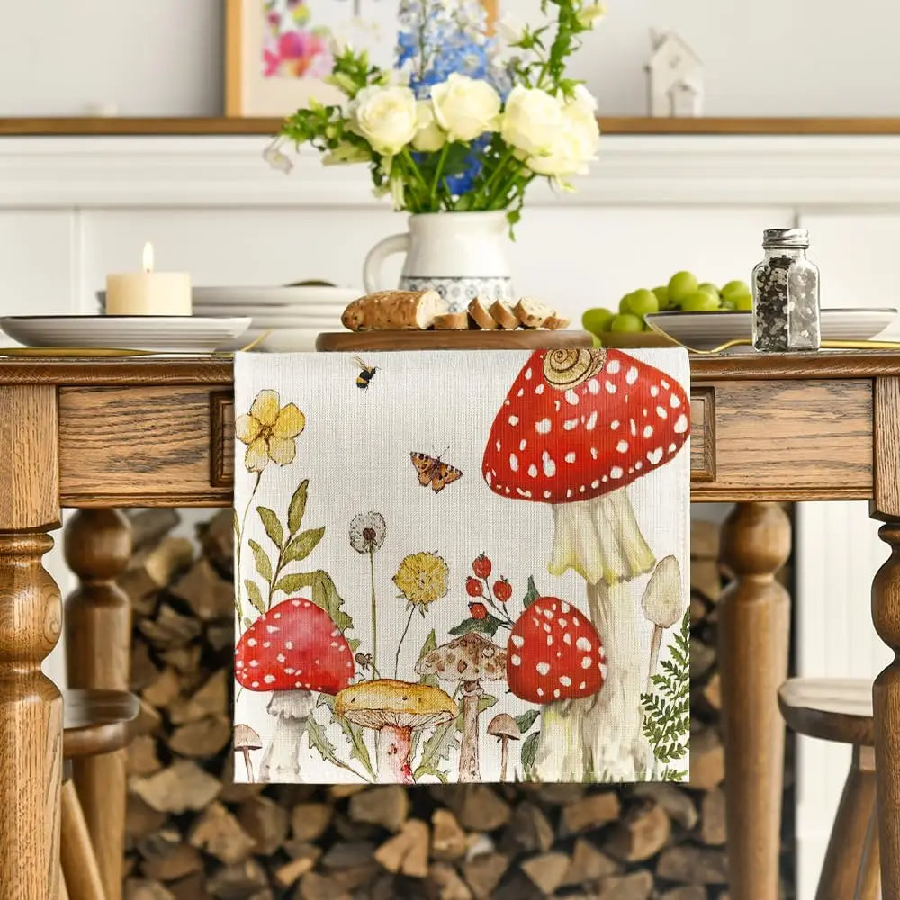 Un chemin fleuri de champignons et de papillons dans un joli décor de cuisine rustique.