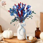 bouquet dried flowers rouge blanc bleu vert feuilles fleurs plumes ruban bleu naturel rustique