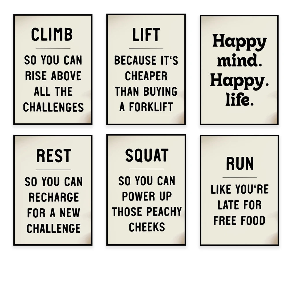 L'image présente six cadres avec des messages d'encouragement et de motivation pour la santé et le bien-être, abordant des thèmes comme l'escalade, le soulèvement, le repos et la course.