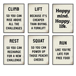 L'image présente six cadres avec des messages d'encouragement et de motivation pour la santé et le bien-être, abordant des thèmes comme l'escalade, le soulèvement, le repos et la course.