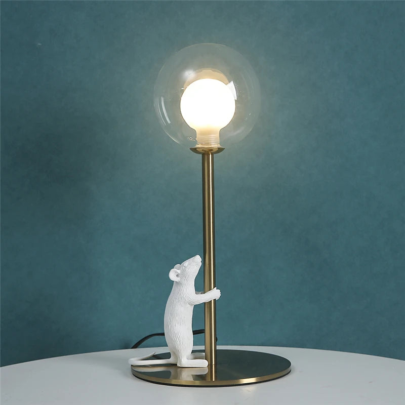 lampe table or blanc souris sculptée animalier moderne globe transparent led