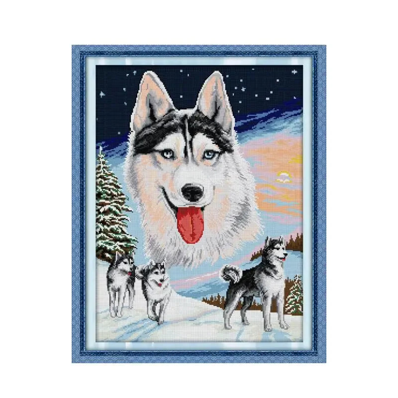 kit broderie husky flocons paysage hiver toile 11ct 14ct coton fil cadre enfants décoration