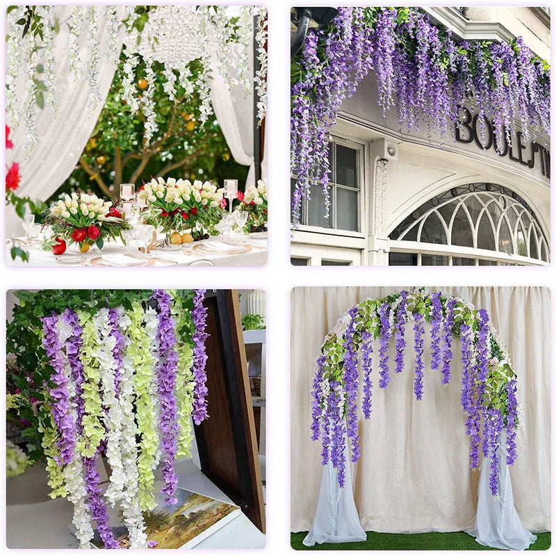 Détail des fleurs de glycine en soie avec feuilles vertes réalistes