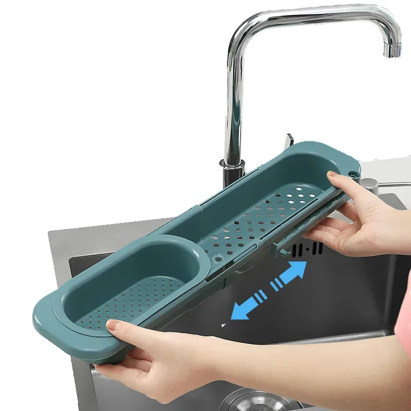 panier drainage rétractable bleu perforé moderne rangement vaisselle gants savon brosse