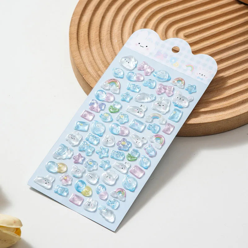 sticker adhésif kawaii animaux coeurs étoiles pastel multicolore transparent reflets