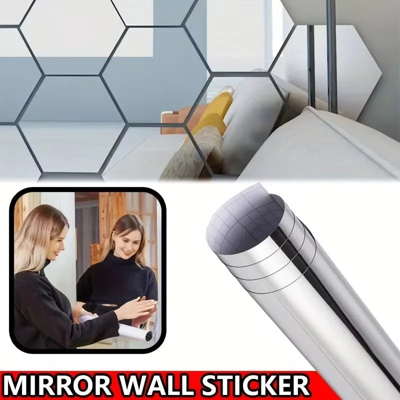 sticker miroir argenté hexagones moderne adhésif 30cm 100cm salon bain DIY acrylique