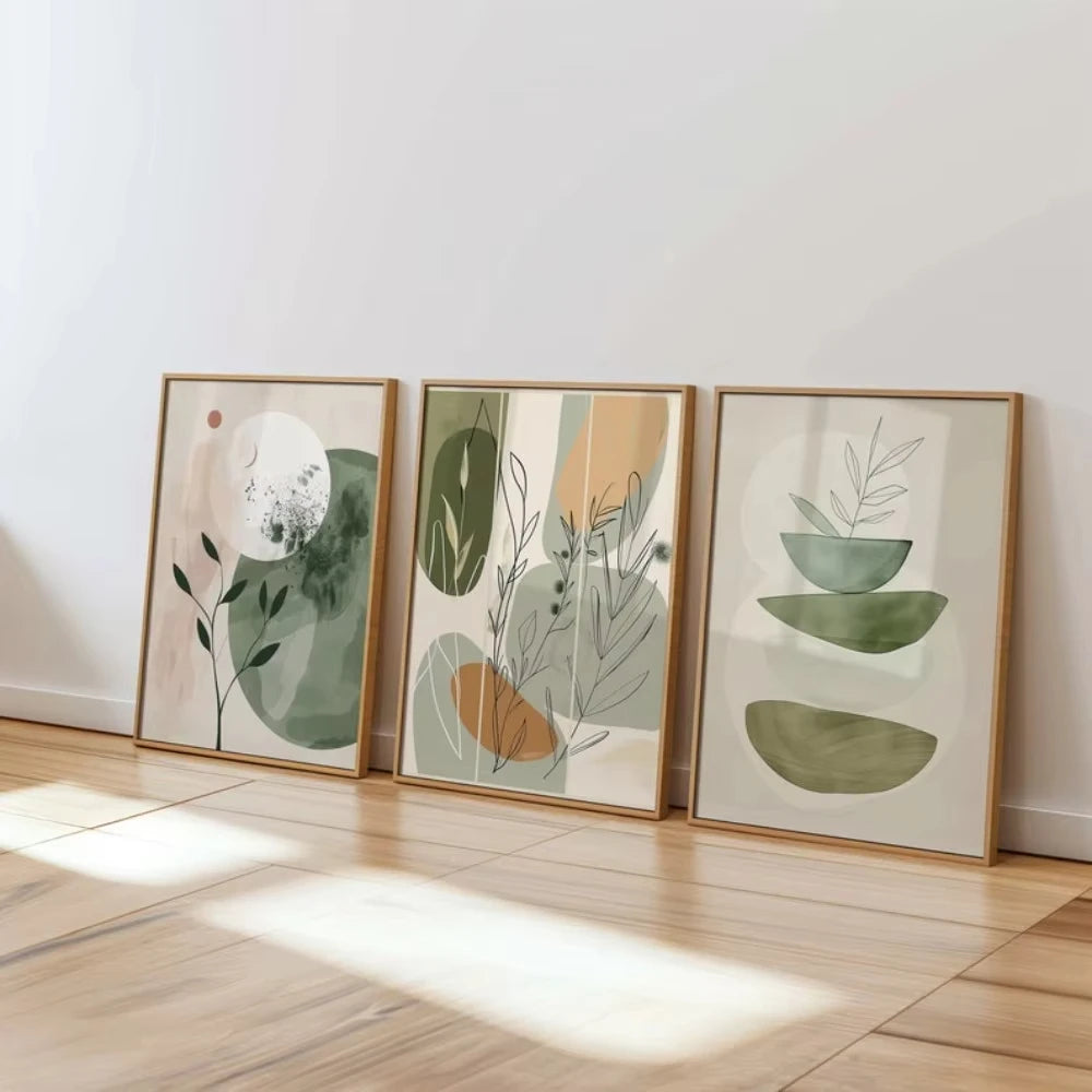 tableaux abstraits nature morte moderne botanique minimaliste vert beige orange rose blanc