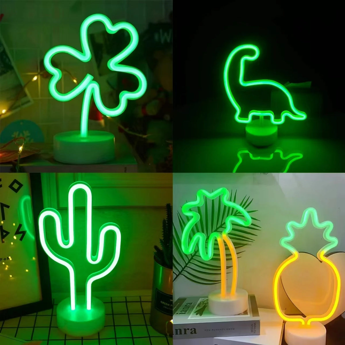 lampe néon vert cactus moderne décoration intérieure base circulaire dinosaure pineapple trèfle