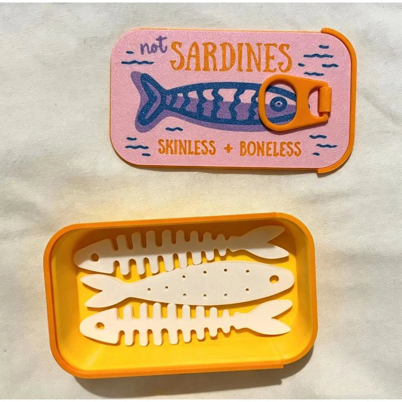 boîte rangement bijoux poisson stylisé rose orange blanc not sardines skinless boneless poignée