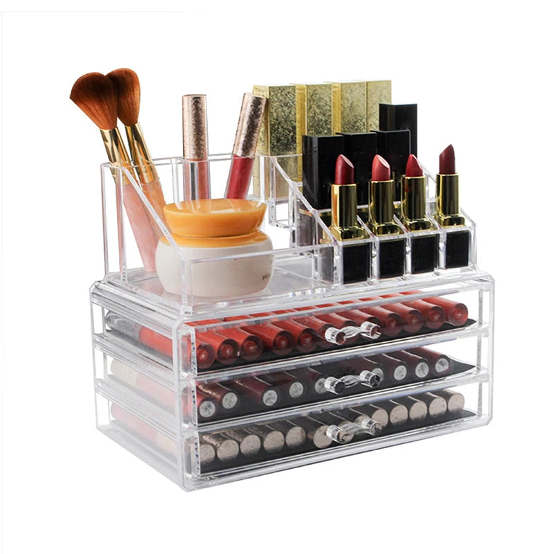 boîtes rangement cosmétiques transparentes moderne poignées 12 compartiments crayons tiroirs rouges lèvres pinceau crème