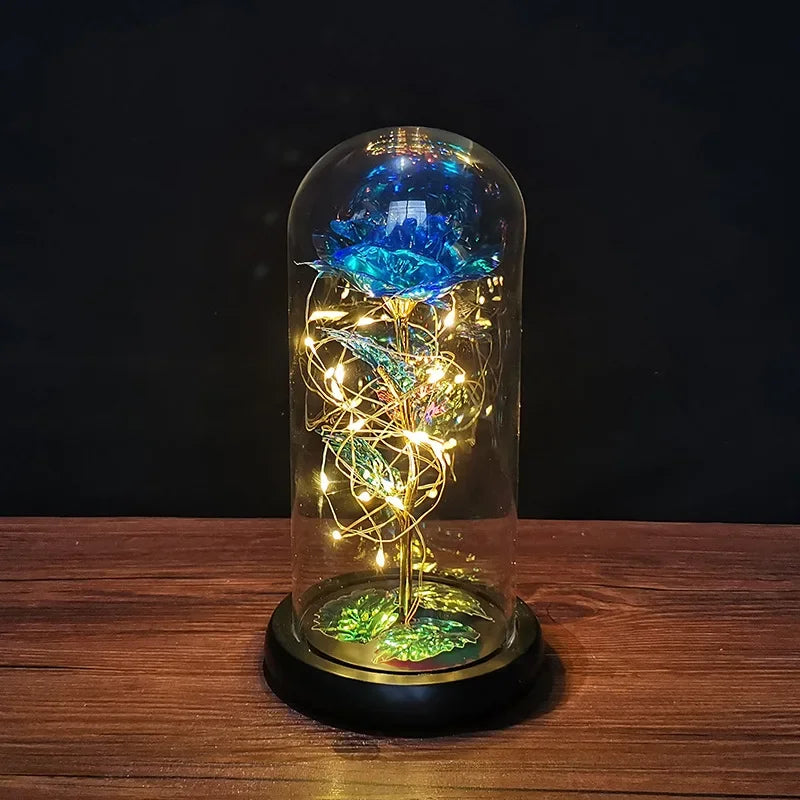 veilleuse led rose artificielle cloche verre éclairage couleur variée base noire