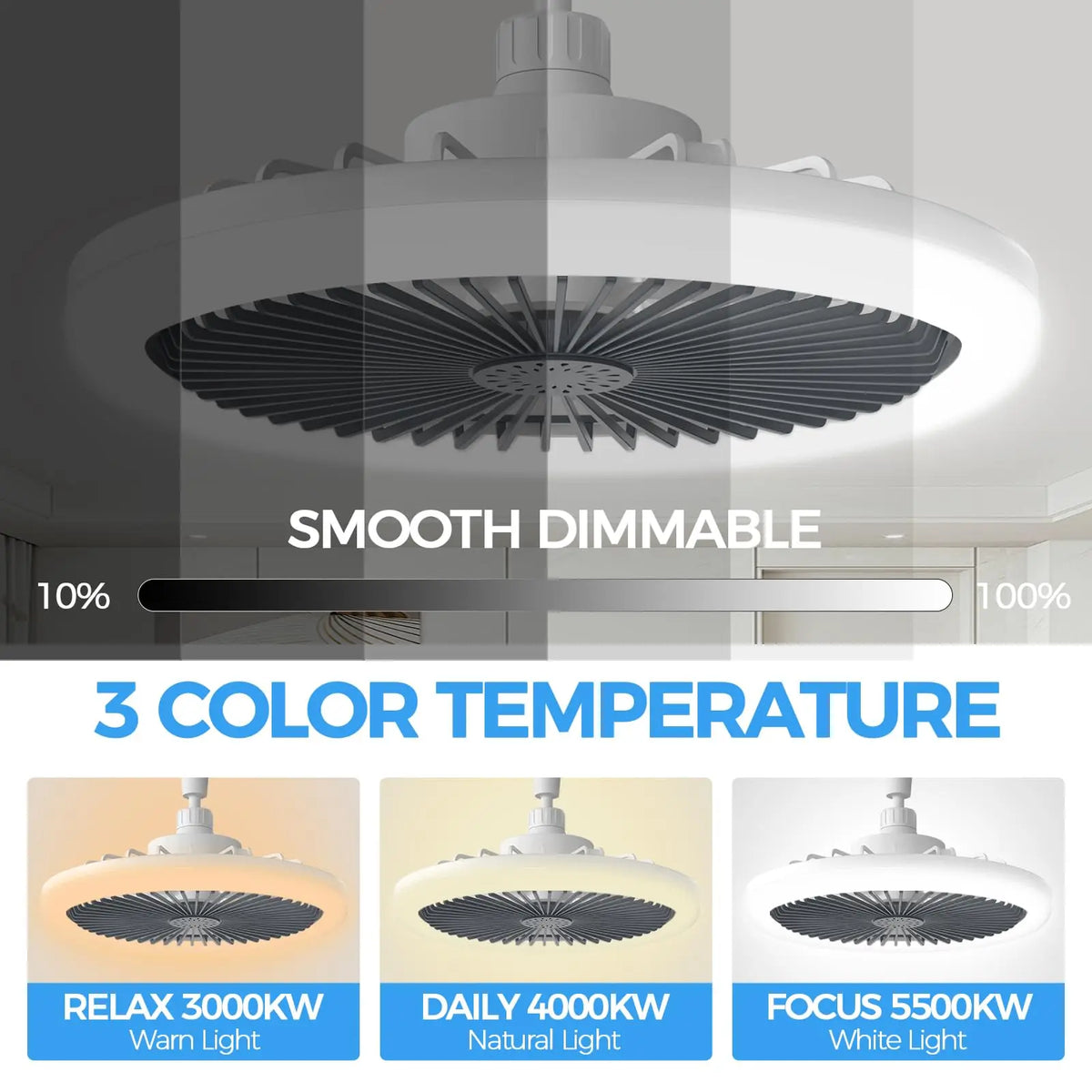 ventilateur led moderne blanc télécommande lumineux rafraîchissant chambre salon
