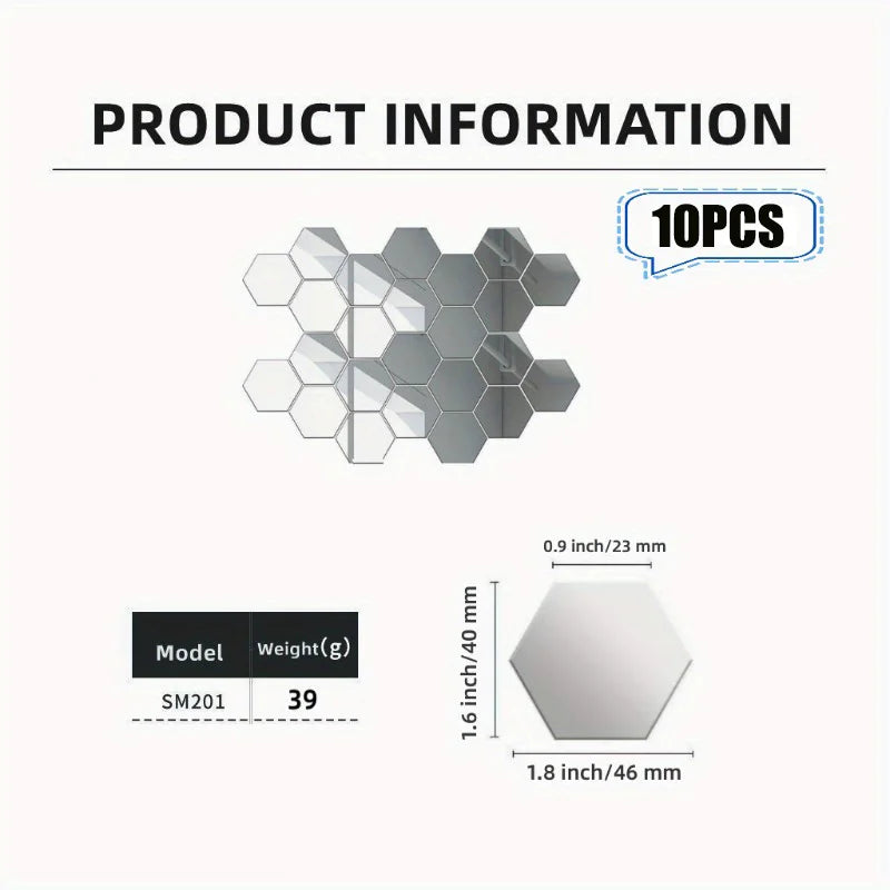 miroir hexagonal moderne blanc géométrique 10 pièces adhésif auto collantintérieur décoration artísticopaque