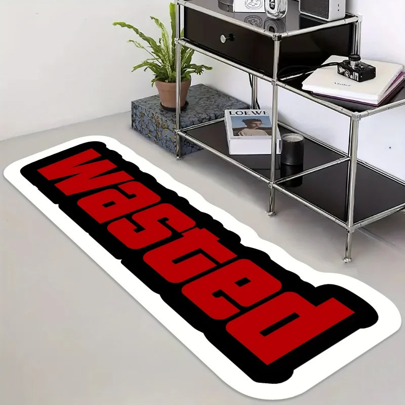 tapis blanc lettres wasted moderne bordure ondulée polyester antidérapant intérieur extérieur chambre salon