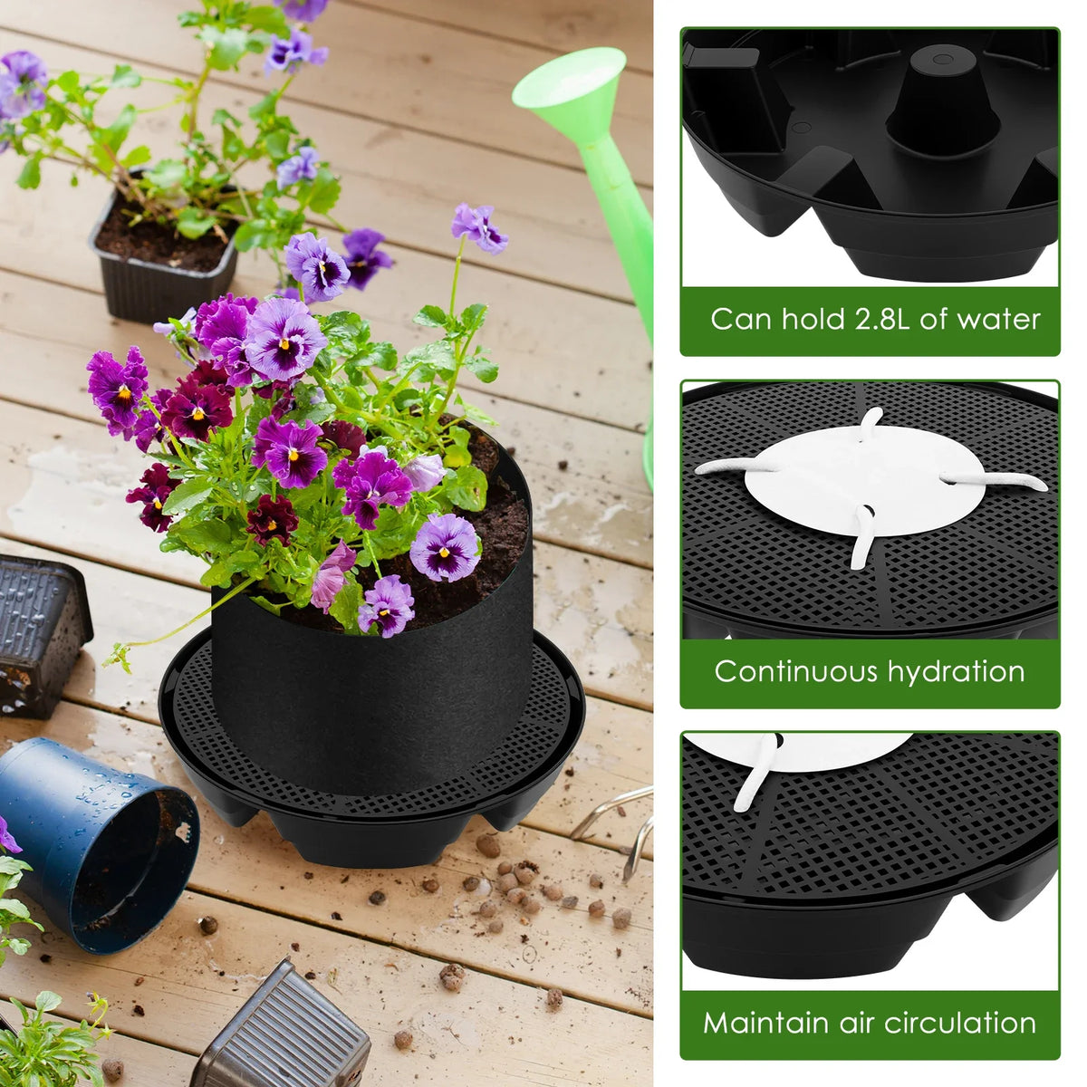 pots fleurs kits arrosage socle percé collecteur eau plantes arrosoir textures motifs rustique jardinage