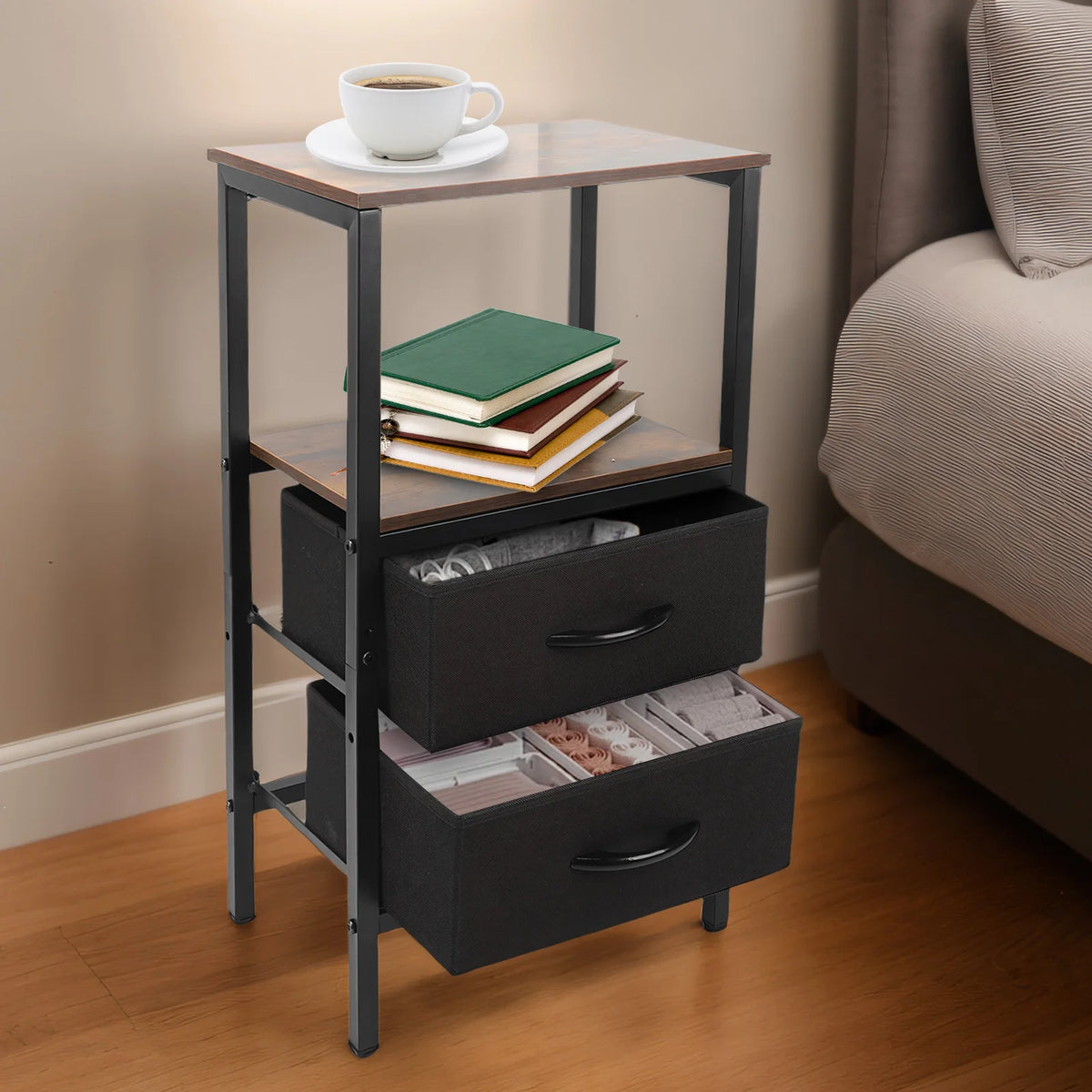 meuble chambre coucher table nuit marron industrielle tiroirs tissu plateaux bois vintage 75x40x30cm