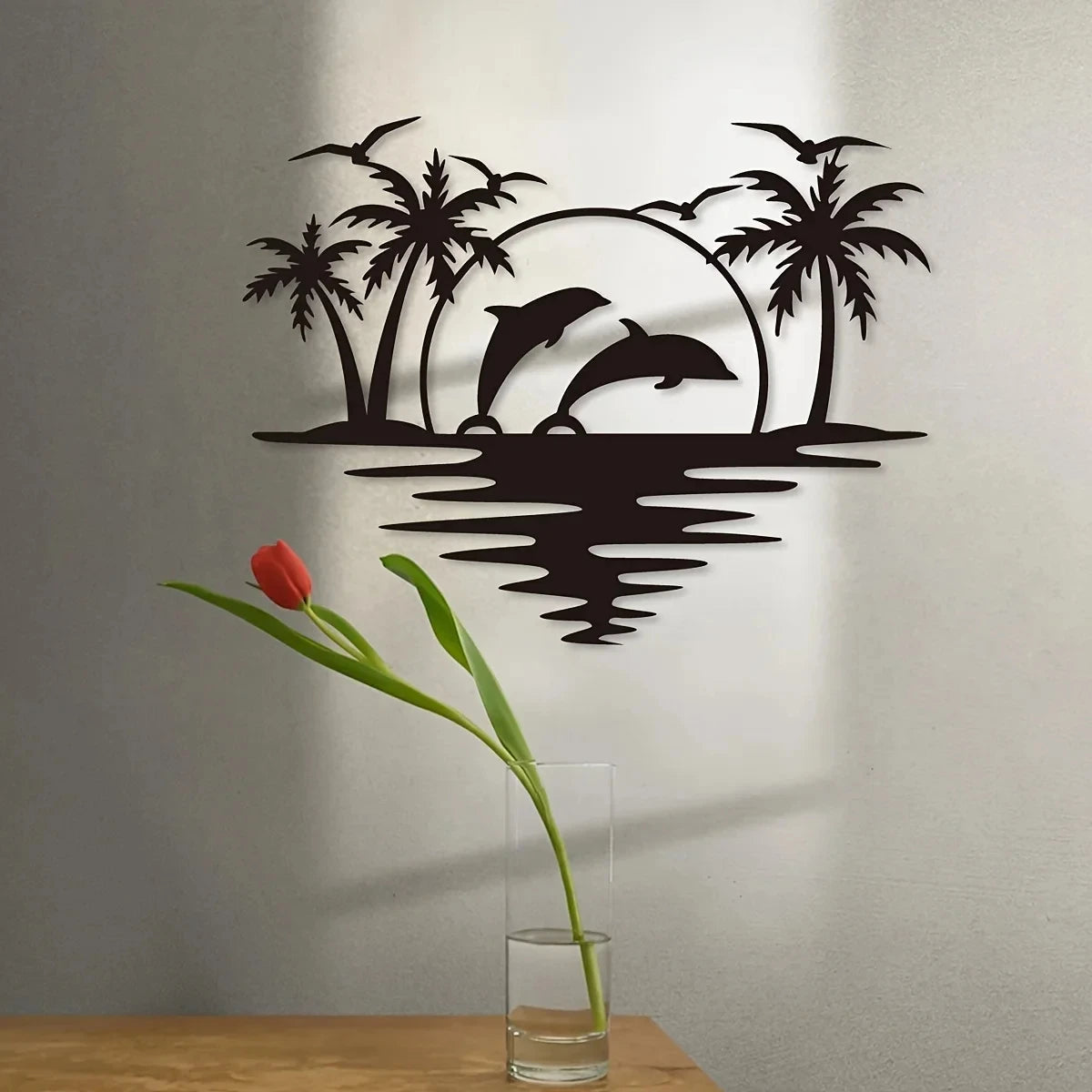décoration murale silhouettes dauphins palmiers soleil moderne noire intérieur extérieur chambre salon couloir