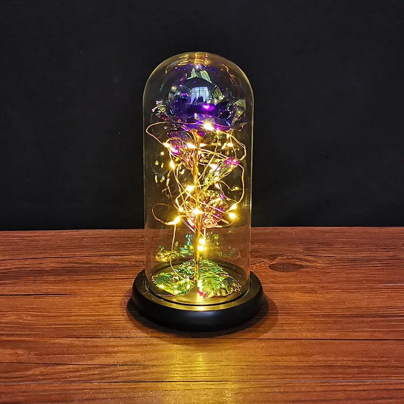 veilleuse led rose artificielle cloche verre éclairage couleur variée base noire