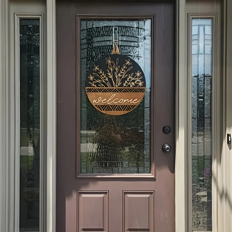 décoration murale bienvenue panneau rond bois fleurs feuilles motif zigzag rustique moderneextérieurporte farmhouse porche