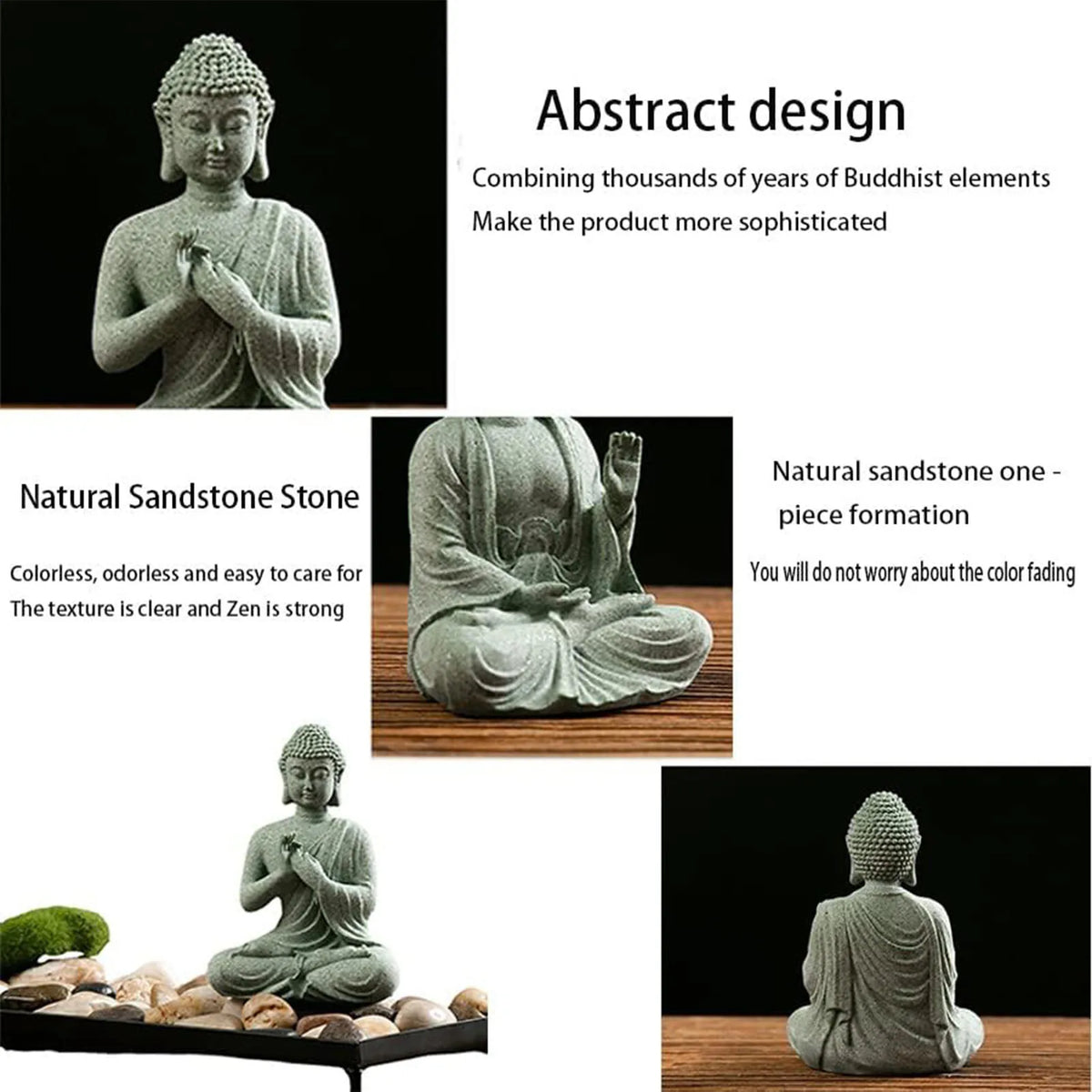 statuette bouddha assise gris vert texture pierre zen minimaliste abstraite galets mousse plateau noirscriçãopta
