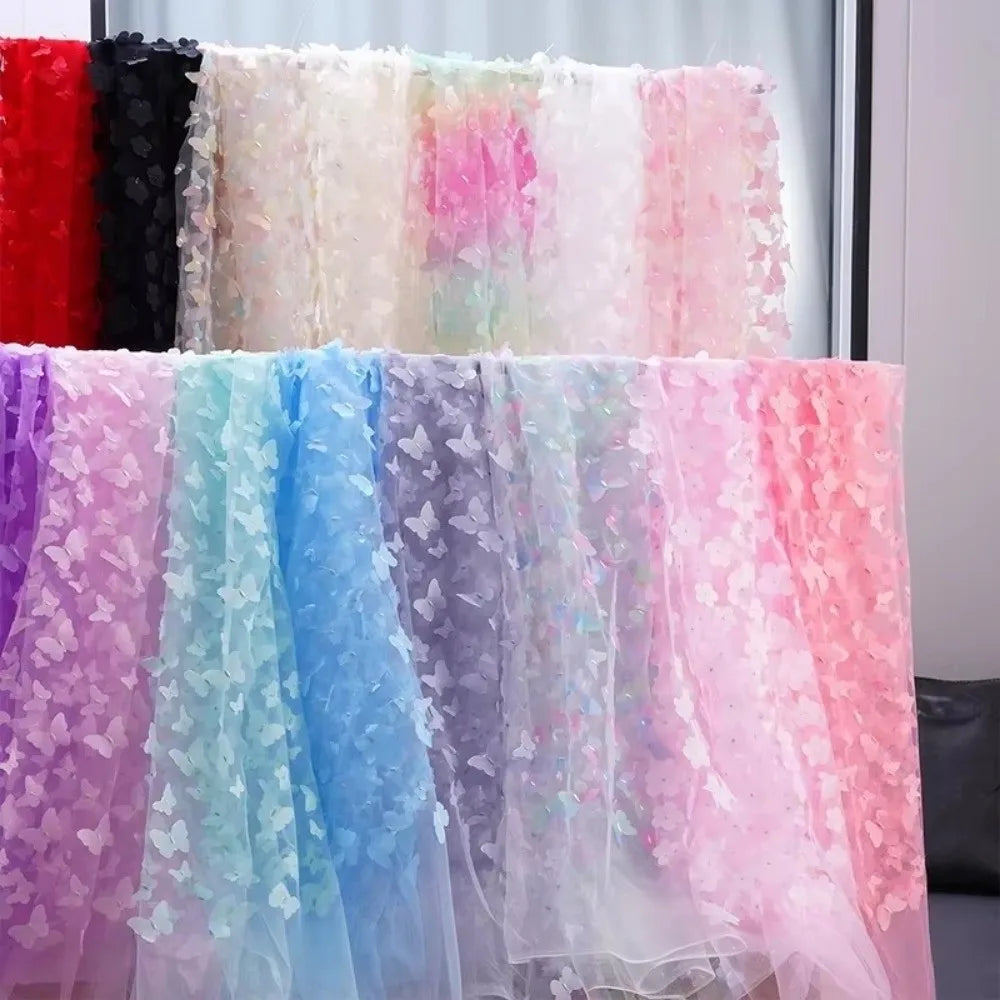 tissu brodé 3D papillons arc ciel noir rose bleu translucide couture décoration mariage