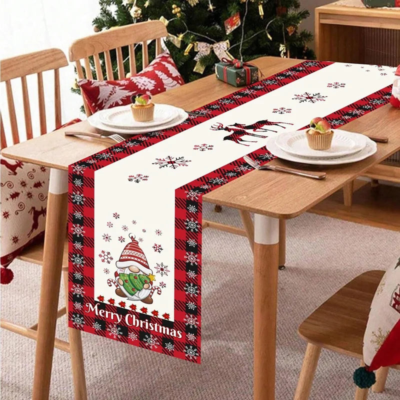 changement saison décoration noël chemin table flocons neige santa clause forêt cerfs motifs géométriques