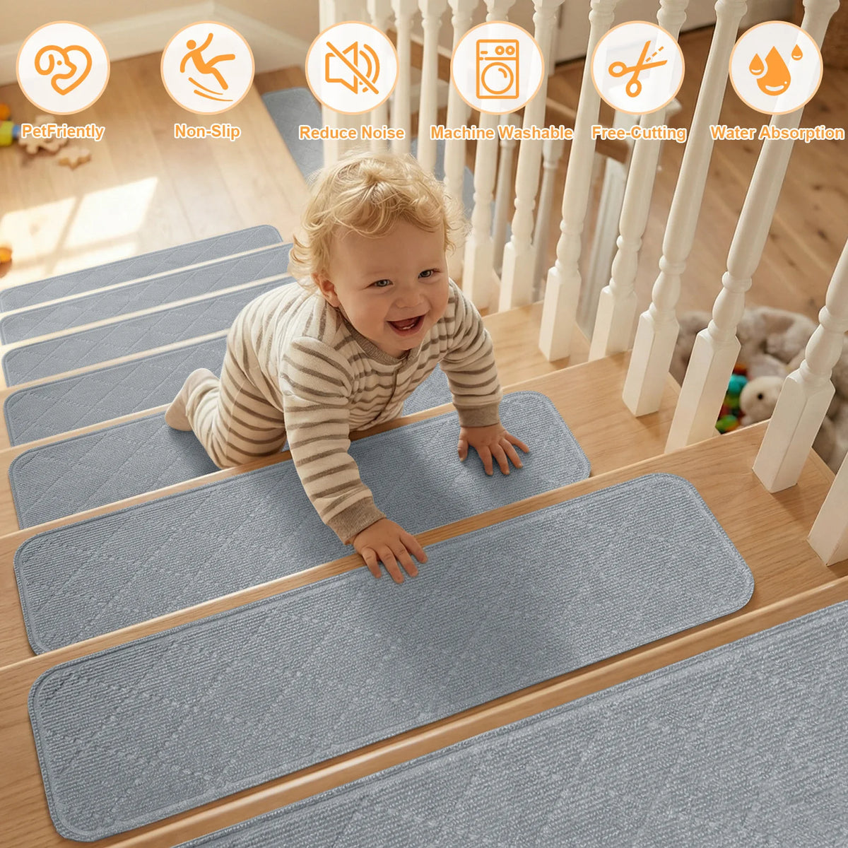 tapis marche antidérapant polyester feutre quilted marron moderne 20x76cm adhésifextérieur escalier lavable mécaniquement