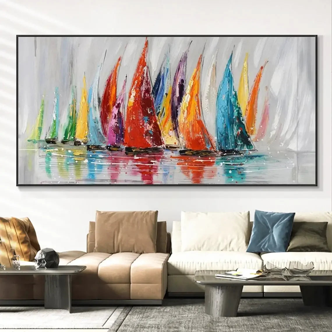 tableau peinture abstraite multicolore cadre noir décoration murale salon moderne toile grande taille